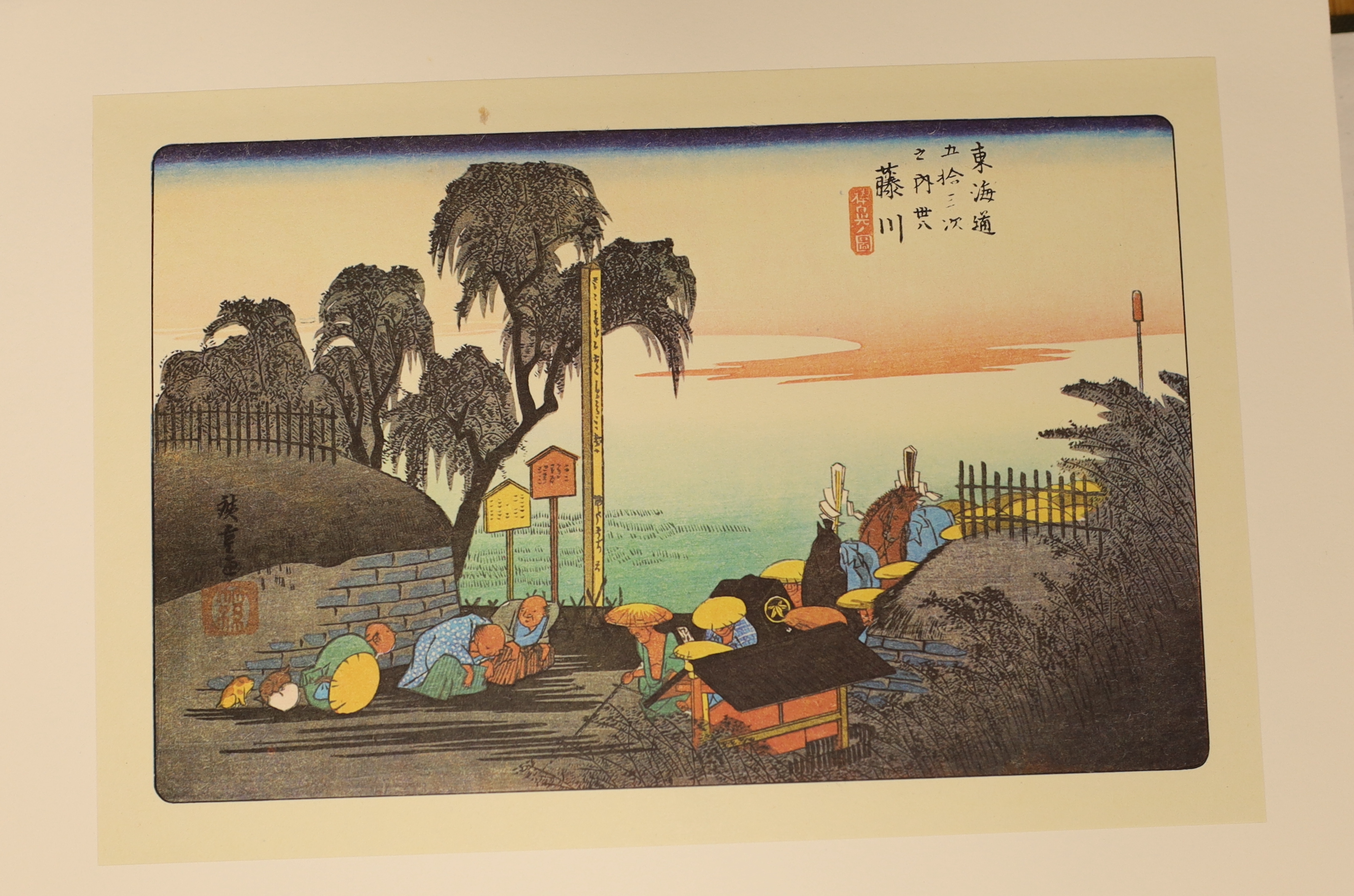 A group of reproduction Japanese woodblock prints, generally 16 x 24cm, in folder